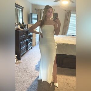 My Muse White Ruched Bandeau Split Maxi Dress with Flowers